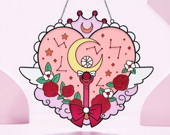 Magisk flicka med hjärta, solfångare, konstharts, fönsterhängande, Sailor Moon-inspirerad dekor, månstav, kawaii rosa väggkonst