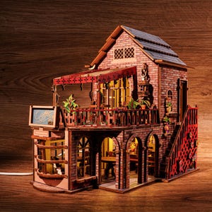 Kit de bricolaje para crear un rincón de lectura en el balcón de tu gato con luces LED, casita de muñecas en miniatura con forma de cafetería, estante de madera, proyecto de manualidades y regalo.