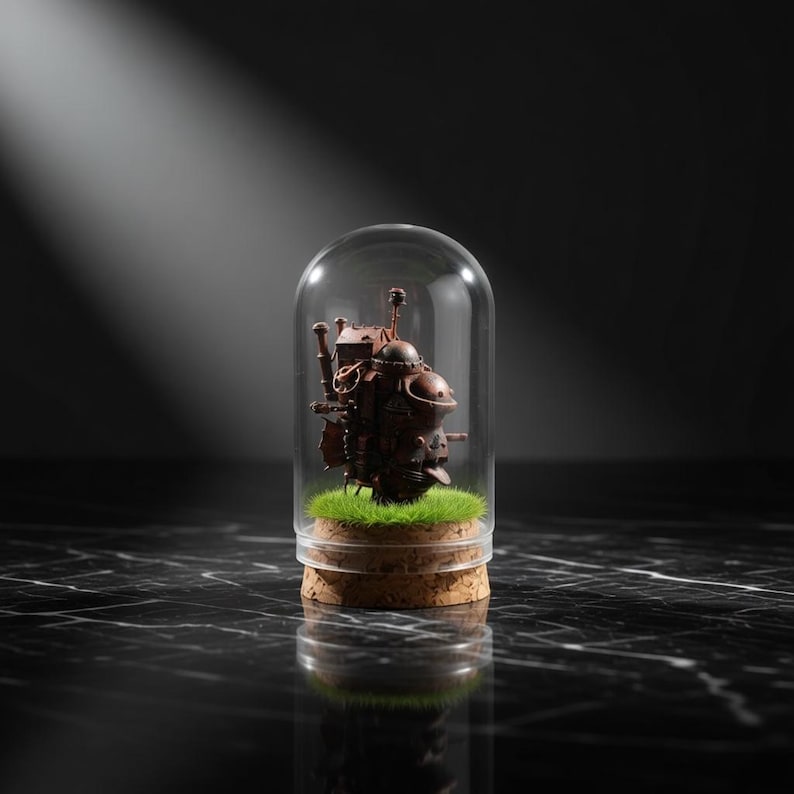 May include: A miniature, steampunk-style machine, in shades of brown and copper, is encased in a glass dome. The base features a cork ring and a patch of green artificial grass. The background is dark, with a spotlight illuminating the display.