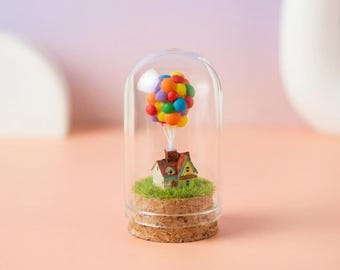 Miniature Up House With Balloons In Glass Dome Diorama, Adventure Is Out There Gift, Tiny Pixar Inspired Movie Decor, Micro Fairy Garden
