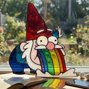 May include: A stained glass gnome with a red hat, blue overalls, and a white beard. The gnome is depicted vomiting a rainbow. The artwork is hanging in front of a window with a garden view.