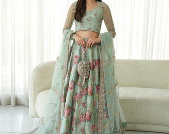 Conjunto Lehenga Choli de seda floral verde mar / Resham Zari embellecido Dupatta