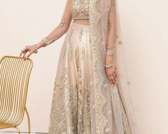 Vestido largo pakistaní Pishwas rosa polvoriento adornado a mano, vestido nupcial para Eid