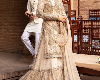 Conjunto de Organza Gharara de marfil / vestido de novia Nikah paquistaní, bordado Kundan Zari
