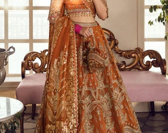 Naranja bordado paquistaní Lehenga Choli / Diseñador indio Mehandi traje