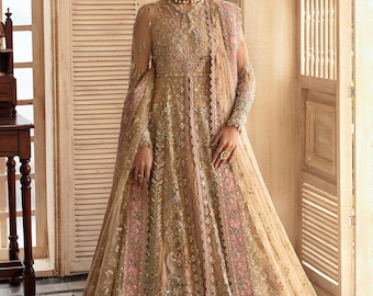 Vestido de novia Pishwas dorado adornado a mano / Organza, Dupatta Zari, Sharara