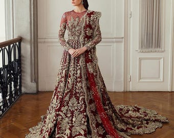 Vestido largo de novia rojo de diseñador pakistaní / Vestido de boda Pishwas bordado