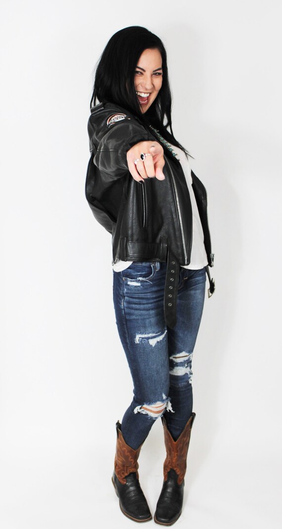SIREN | 1980s Black Genuine Leather Biker Jacket