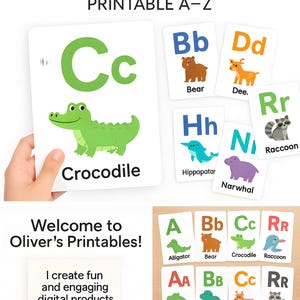 Tarjetas imprimibles de animales del alfabeto A-Z / Tarjetas educativas para niños pequeños / Aprendizaje preescolar / Descarga instantánea en PDF