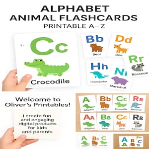 Flashcards de animais do alfabeto para impressão de A a Z | Cartões educativos para crianças pequenas | Aprendizagem pré-escolar | Download instantâneo em PDF