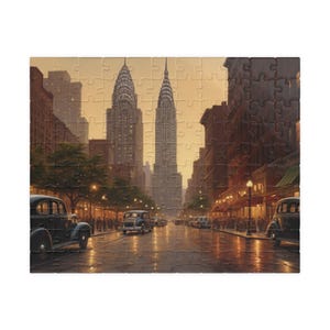 Vintage Old New York City Puzzle | 1940s NYC Jigsaw Puzzle | Brownstones, Trolleys & Classic Cars | Retro Nostalgia Gift for Adults