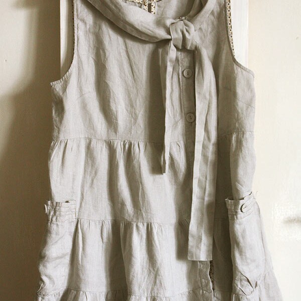 Vintage linen tunic dress , natural linen, pockets