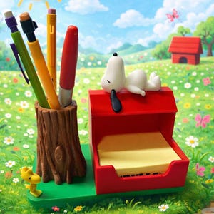 May include: A whimsical desk organizer featuring a tree trunk pen holder with colorful pens, a red Snoopy doghouse with a Snoopy figure, and a yellow notepad. The scene is set in a sunny meadow with a smiling sun and a red doghouse.
