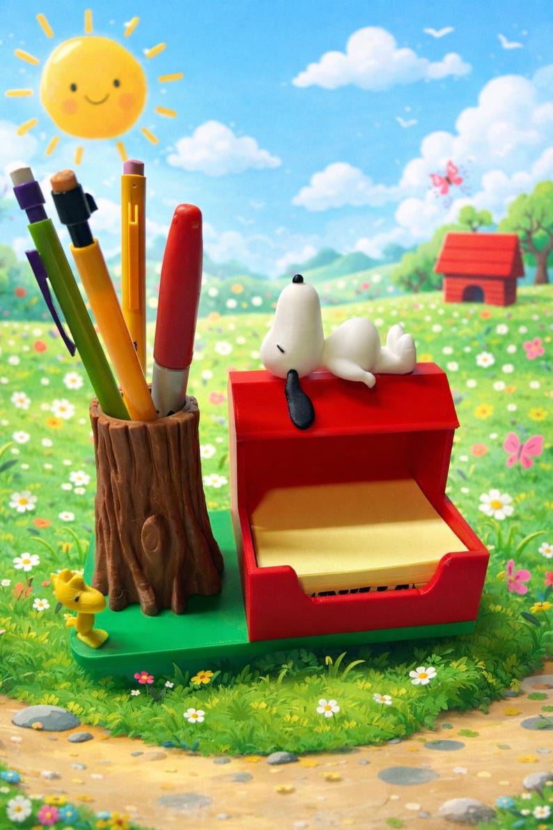 May include: A whimsical desk organizer featuring a tree trunk pen holder with colorful pens, a red Snoopy doghouse with a Snoopy figure, and a yellow notepad. The scene is set in a sunny meadow with a smiling sun and a red doghouse.