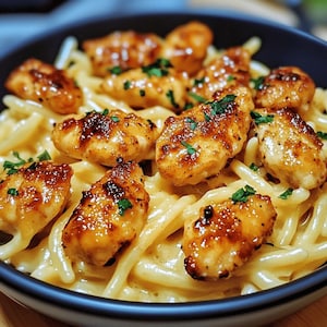 Bocconcini di pollo al burro all'aglio con pasta cremosa al parmigiano, ricetta veloce e facile per un comfort food
