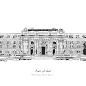 Bancroft Hall US Naval Academy Art Print, Hand Drawn Navy Alumni Gift, Officer Retirement, Annapolis Decor