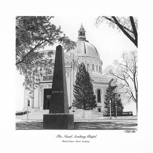 Naval Academy Chapel Hand Drawn Art Print US Naval Academy Gift for Alumni Retirements Weddings Annapolis Collectors