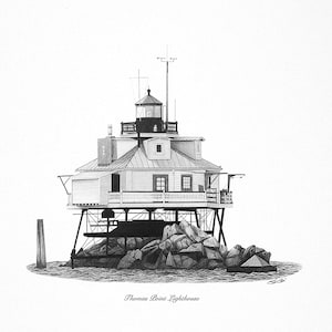 Thomas Point Lighthouse Art Print, Hand Drawn Naval Academy Gift, Signed or Artist Proof Options