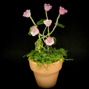 May include: A miniature potted plant with pink glass flowers and green glass leaves. The flowers have a delicate, translucent appearance. The plant sits in a small, terracotta-colored pot filled with green moss, creating a charming, decorative piece.