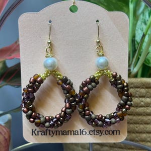 Brown Beaded Dangle Earrings with Pearl