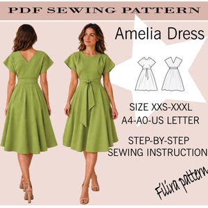 Puede incluir: Un patrón de costura en PDF para el vestido Amelia, que presenta un vestido verde claro con mangas cortas, cuello redondo y cinturón de lazo. La imagen incluye dibujos técnicos, el rango de tallas XXS-XXXL y el formato A4-A0-US Letter.