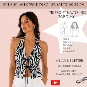 Patrón de costura en PDF para top de cuello halter / Patrón para mujer / Estampado de cebra con lazo frontal