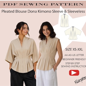 Può includere: Un cartamodello PDF per la camicetta plissettata Dona, con opzioni per maniche a kimono o senza maniche. Il modello include taglie XS-XXL, formati A4-A0-US letter e istruzioni di cucito passo dopo passo per principianti.