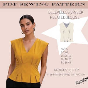 Women Blouse Sewing Pattern PDF |  Sleeveless V Neck Top Pattern |Pleated Shirt Digital Download