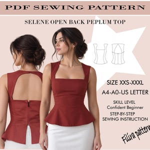 Puede incluir: Patrón de costura en PDF para el top con peplum y espalda abierta Selene, tallas XXS-XXXL. Incluye formatos A4, A0 y carta de EE. UU. Top sin mangas color óxido con escote cuadrado, espalda abierta, cremallera y bajo con peplum. Nivel principiante.