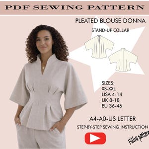 Modello di cucito per camicetta plissettata / maniche a kimono, collo alto (modello PDF)