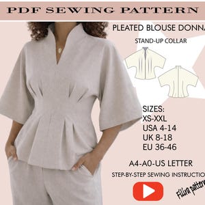 May include: A beige blouse with a stand-up collar, V-neckline, and wide sleeves. The garment features vertical pleats at the waist. Text includes PDF SEWING PATTERN, PLEATED BLOUSE DONNA, STAND-UP COLLAR, SIZES XS-XXL, USA 4-14, UK 8-18, EU 36-46, A4-A0-US LETTER, STEP-BY-STEP SEWING INSTRUCTION, and filira pattern.