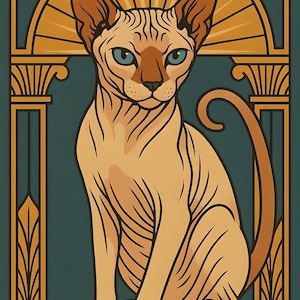 Art Deco Sphynx Cat Print | Vintage-Style Cat Wall Art | Mid-Century Modern Feline Poster | Unique Gift for Cat Lovers