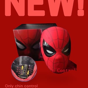 以下が含まれることがあります： 黒いレンズとクモの巣模様の赤いスパイダーマンマスク。 「NEW！」の文字が大きく赤い文字で上部に表示されています。 マスクはあごで制御し、目は同時に開閉します。