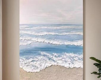 Grande dipinto materico dell'oceano / Arte murale da spiaggia / Tela astratta con paesaggio marino / Arredamento costiero moderno / Arte minimalista con onde per il soggiorno