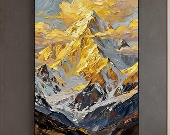Large Mountain Oil Painting on Canvas | Gold Textured Wall Art | Abstract Landscape Decor | Modern Luxury Home Office Art | Gift for Hiker