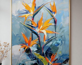 Paradiesvogel Wand Kunst | Großes abstraktes Blumenbild auf Leinwand | Moderne tropische Blumenmalerei | Küsten Wohnzimmer Dekor | Geschenk für Sie
