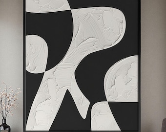 Grande arte astratta strutturata in bianco e nero, dipinto minimalista in impasto, originale arte murale contemporanea dipinta a mano su tela, arte murale Wabi Sabi