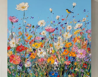 Strukturiertes Rotkehlchen und Blumen Ölgemälde: 3D Blumen Natur Kunstwerk