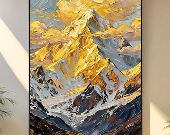Gold Textured Mountains Painting Large Mountain Landscape Oil Painting Abstract Painting on Canvas Golden Mountains Painting Living Room Art