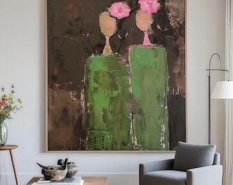Large Abstract Figure Painting | Green and Pink Modern Wall Art | Textured Figurative Canvas Art | Contemporary Living Room Decor Art
