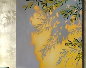 Large Abstract Olive Branch Wall Art | Yellow and Grey Canvas Print | Mediterranean Nature Painting | Modern Living Room Decor | Foliage Art