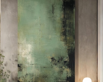 Large Abstract Wall Art | Sage Green & Charcoal Oversized Canvas | Modern Minimalist Living Room Decor | Industrial Textured Art Painting