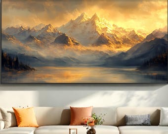 Dipinto con tramonto costiero strutturato, tela con paesaggio marino di montagne dorate