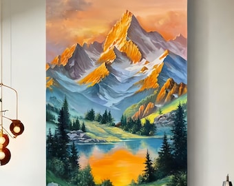 Mountain Wall Art, Large Canvas Print, Sunset Landscape Painting, Nature Home Decor, Modern Living Room Wall Art, Colorful Mountain Scene