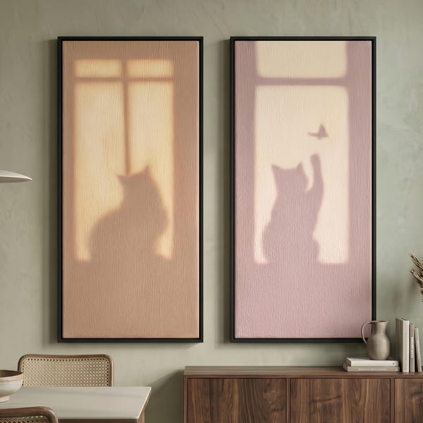 Handgemaltes Katzen Leinwand Set 2 | Minimalistische Katzenschatten Wandkunst | Süße Kitty und Schmetterling Gemälde | Gemütliches Schlafzimmer Wohnzimmer Dekor