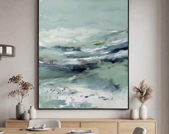 Large Teal Abstract Wall Art, Modern Ocean Seascape Painting, Blue & Green Textured Canvas Art, Minimalist Living Room Decor, Oversized Art