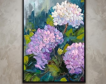 May include: A framed oil painting featuring three clusters of hydrangea flowers in shades of light purple, lavender, and white. The artwork uses thick, textured brushstrokes against a dark, moody background of deep green and blue foliage.