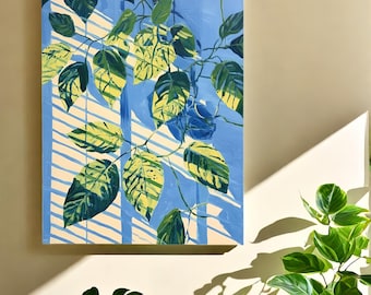 Large Sunlight Shadow Green Plant Wall Oil 3D Minimalist Textured Abstract Painting on Canvas Wall Art For Home Decor Gift Living Room Gift