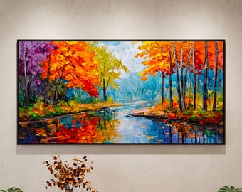 Hand Painted Panoramic Forest Oil Painting,Textured Palette Knife Autumn Landscape on Canvas,Large Framed Colorful Living Room Wall Art