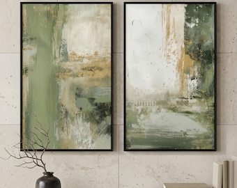 Set of 2 Sage Green Abstract Wall Art | Gold Foil Canvas Print | Large Modern Living Room Decor | Neutral Earthy Tone Painting | Home Gift
